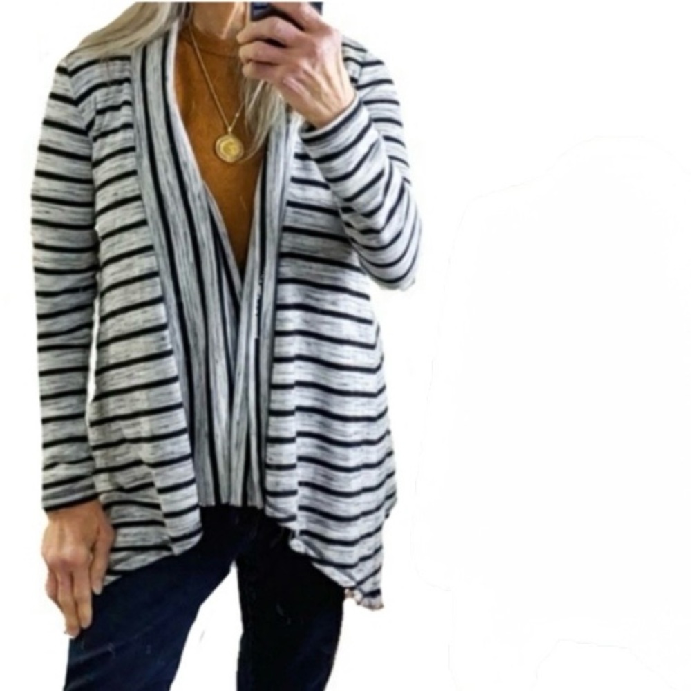 Liz Claiborne Weekend Black & Gray Striped Open Drape Front Cardigan Size L NWT